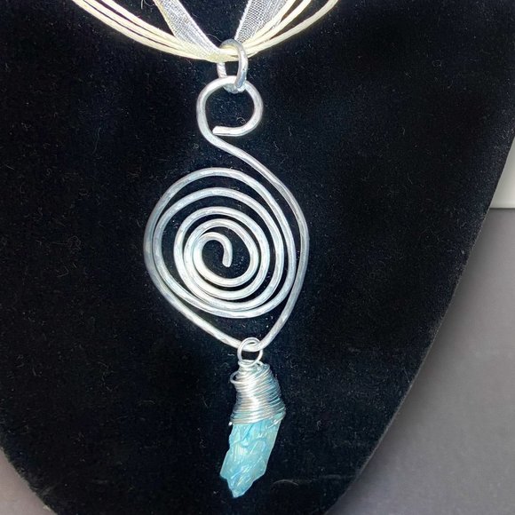 Hammered Stainless Steel Wire Pendant w/ Wrapped Blue Dyed Quartz Stone - Picture 1 of 12